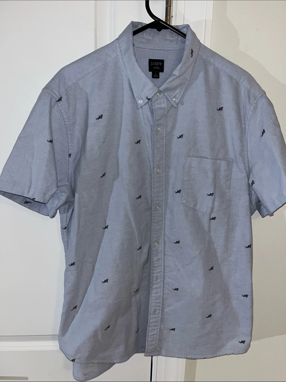 J. Crew Flex Chambray Blue Great White Shark Sharknato Print SS Shirt L